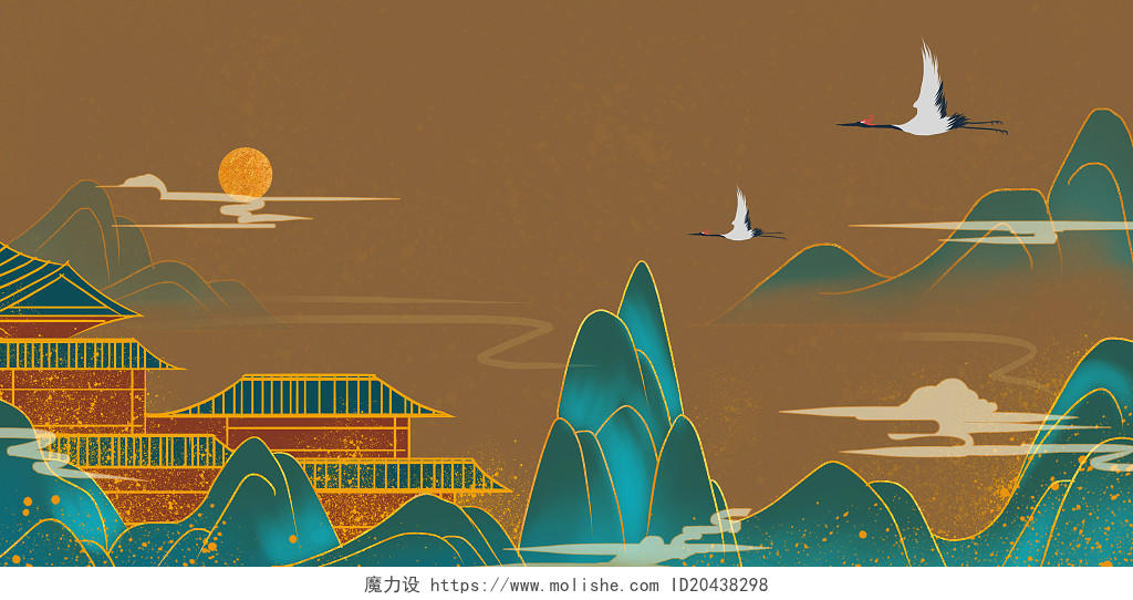 国潮风景中国风山水建筑手绘插画海报背景国潮山水